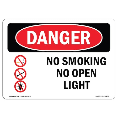OSHA Danger Sign, No Smoking Or Open Lights, 10in X 7in Rigid Plastic